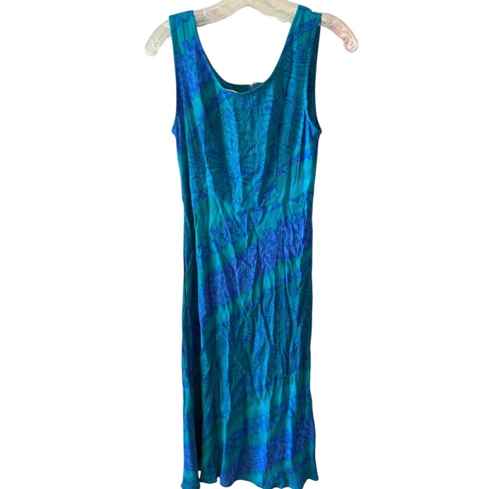 Karin Stevens Vintage Teal Blue Floral Crinkle Rayon Midi DressPetites Size8